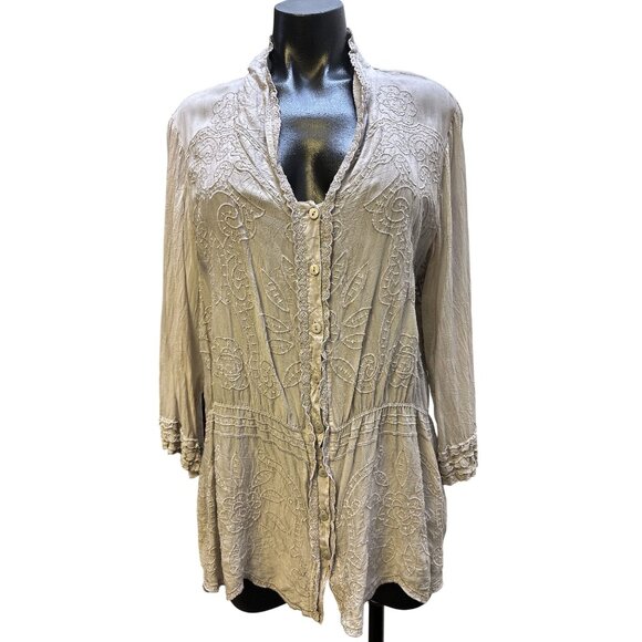 Johnny Was Gray Button-Down Tunic Blouse w/Ruffled Cuffs & Textured Detail - Picture 1 of 9
